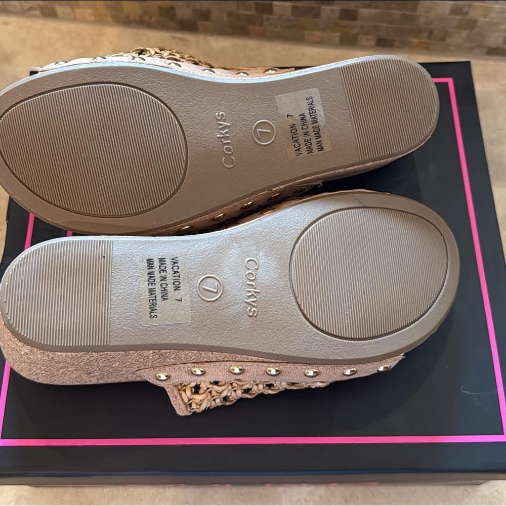 Corkys Tan Wedge Sandals with Woven Design - Picture 3 of 3